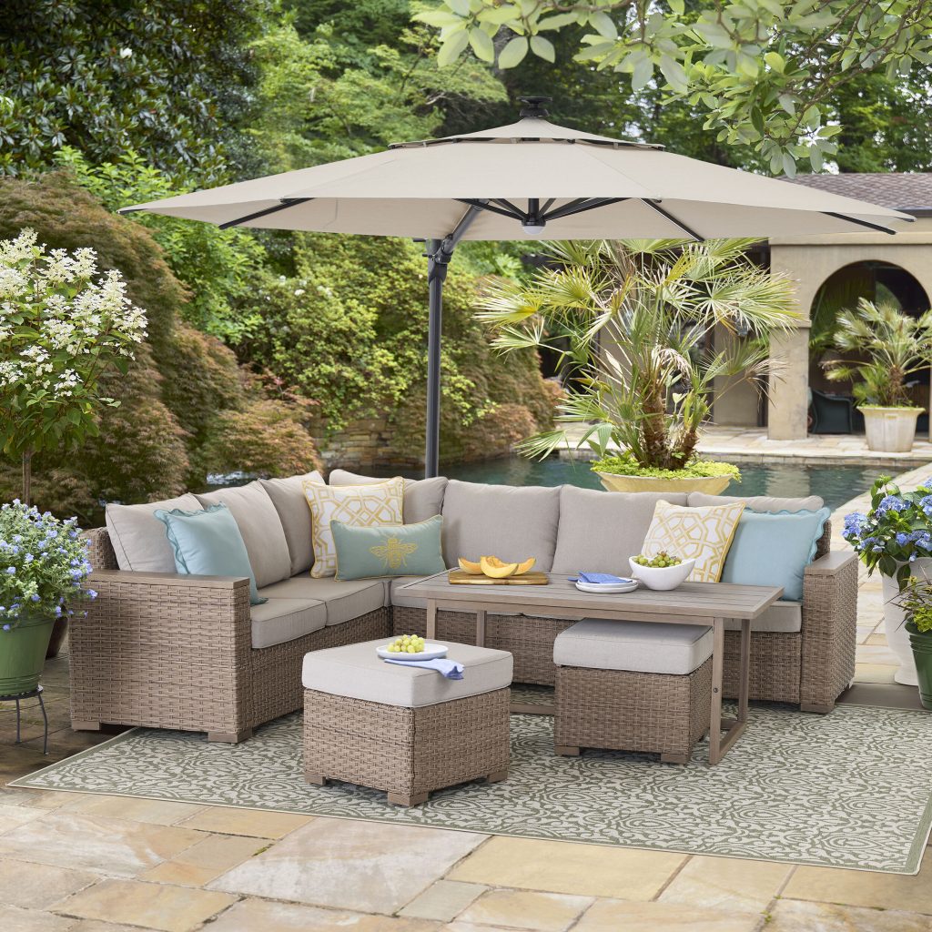 Allen + Roth Rowen wicker sectional with beige cushions, corner sofa, table and ottomans