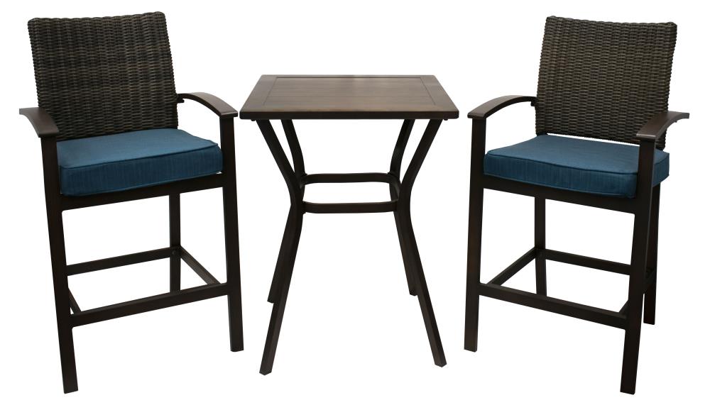 Allen + Roth Atworth bar-height patio set: a bar table and two wicker-back bar chairs with Deep Sea cushions