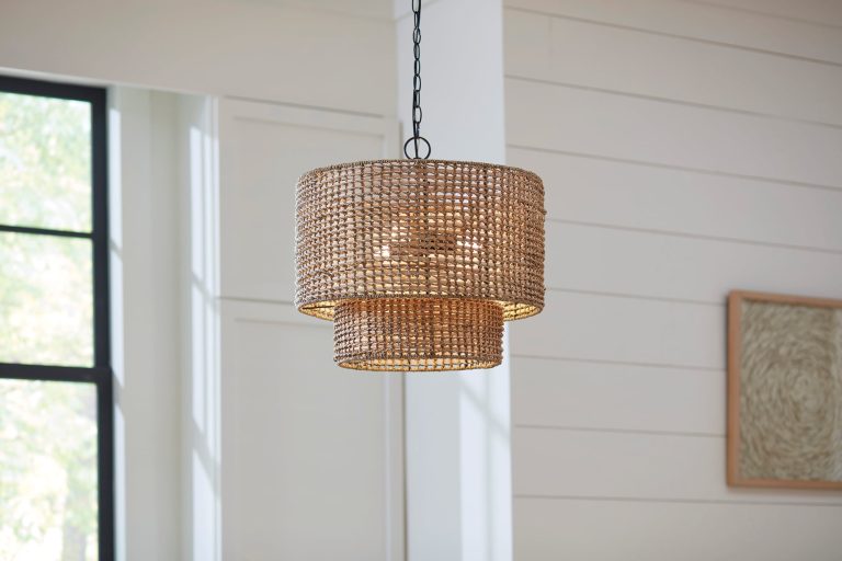 allen + roth Adara 3-light natural rattan cage drum pendant light