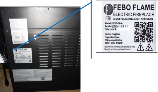 White label on the back panel of an allen + roth 62-inch electric fireplace showing the model number ZHS-30-A