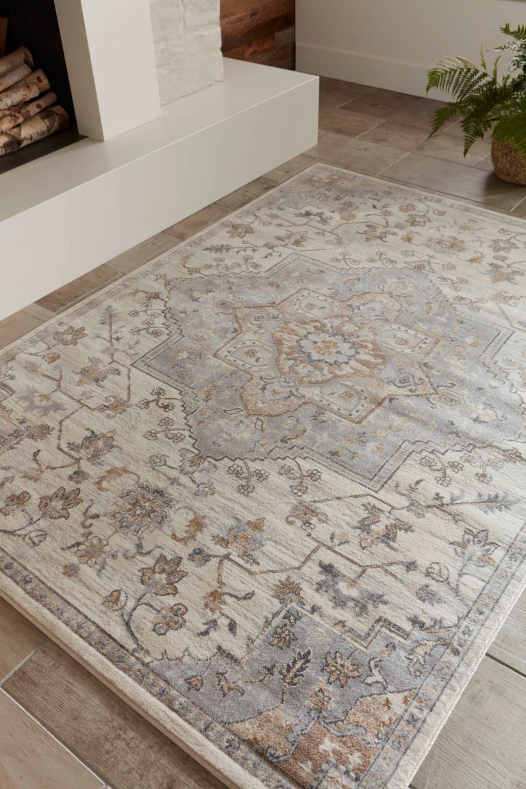 allen + roth with STAINMASTER Tess cream indoor and outdoor area rug with a mid-century medallion pattern