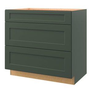 allen + roth Galway 36-inch kitchen drawer base cabinet with three drawers, flat panel shaker style in sage green paint, sold fully assembled