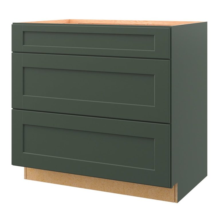 allen + roth Galway 36-inch kitchen drawer base cabinet with three drawers, flat panel shaker style in sage green paint, sold fully assembled