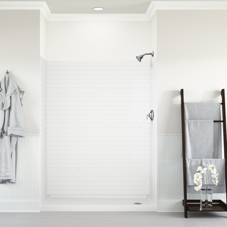allen + roth 60 by 32 inch white subway tile look glue-up shower wall surround installed in a bathtub alcove