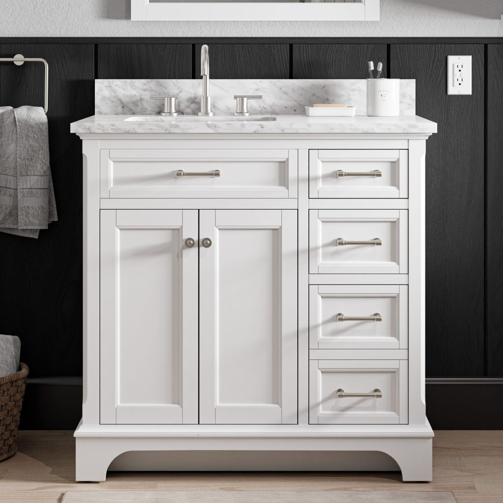 allen + roth Roveland 36-inch white bathroom vanity with a natural Carrara marble top, undermount sink, two doors and three drawers