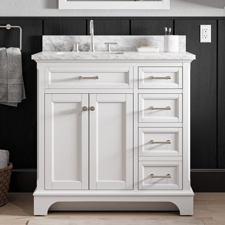 allen + roth Roveland 36-inch white bathroom vanity with a natural Carrara marble top, undermount sink, two doors and three drawers