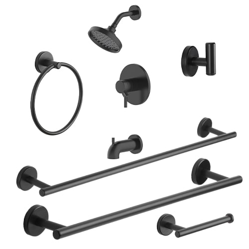 allen + roth Harlow matte black tub and shower faucet with matching towel bar, towel ring, hook and toilet paper holder