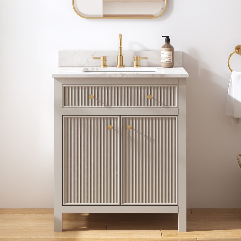 allen + roth Sandbanks bathroom vanity with an engineered stone top and undermount sink