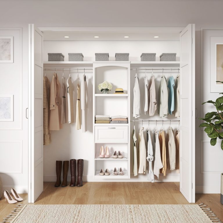 allen + roth Hartford white solid-shelf closet kit with tower, drawer, long shelves and hanging poles