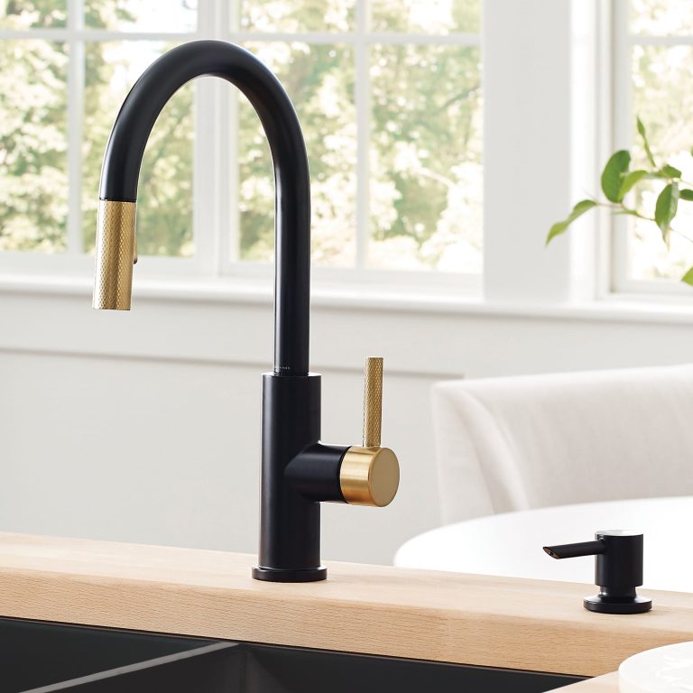 allen + roth Harlow single-handle pull-down kitchen faucet in matte black and brushed gold