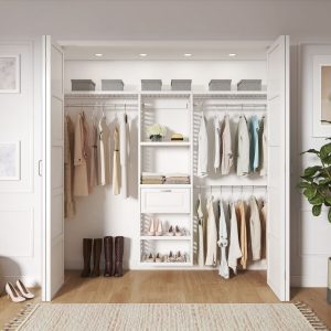 allen + roth Hartford reach-in closet kit in white wood with a center tower, hanging rods and ventilated shelves, adjustable from 5 to 8 feet wide