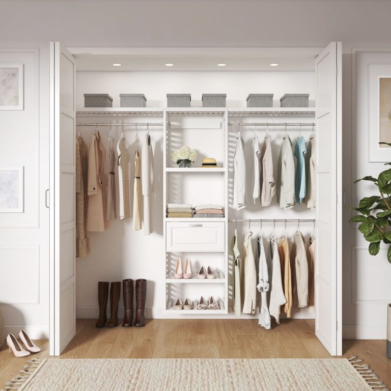 allen + roth Hartford reach-in closet kit in white wood with a center tower, hanging rods and ventilated shelves, adjustable from 5 to 8 feet wide