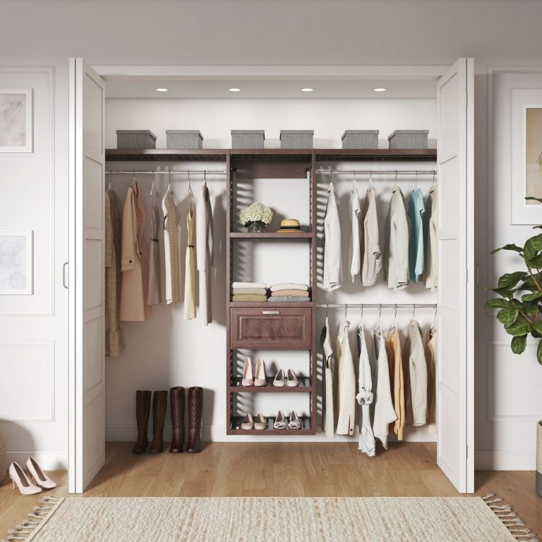 allen + roth Hartford Java ventilated closet kit with slatted wood shelves