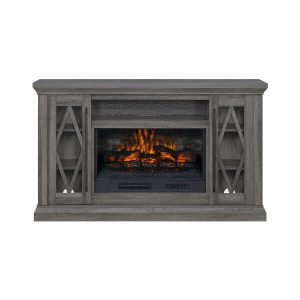 allen + roth 62-inch brown TV stand with a built-in infrared quartz electric fireplace insert