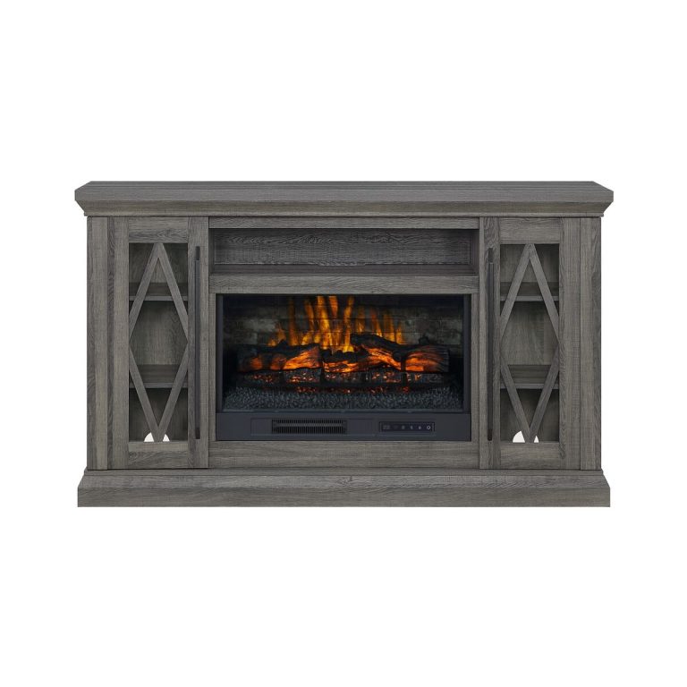 allen + roth 62-inch brown TV stand with a built-in infrared quartz electric fireplace insert