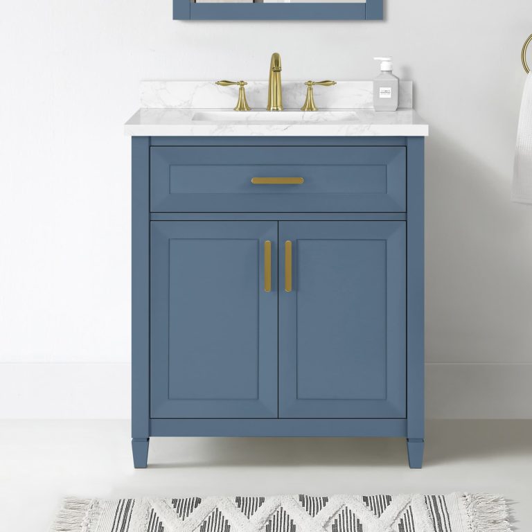 allen + roth Lancashire bathroom vanity with an engineered marble top drilled for a 4-inch centerset faucet