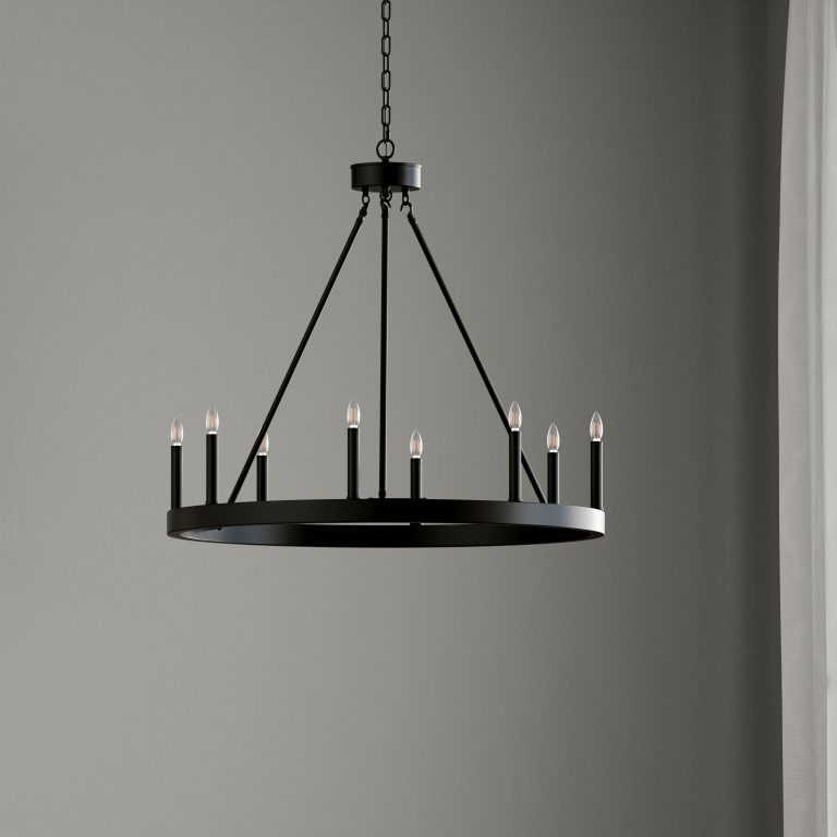 allen + roth Dalton 8-light matte black wagon wheel chandelier with bare candelabra bulbs
