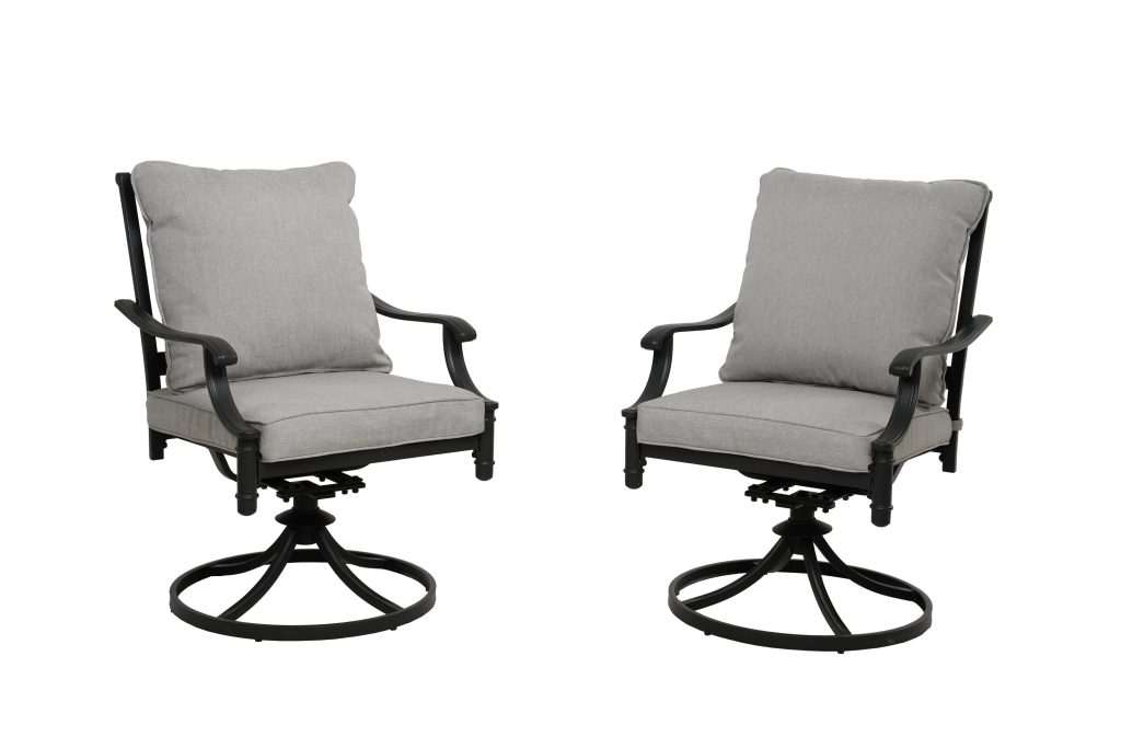 Pair of Allen + Roth Thomas Lake gray steel swivel rocker dining chairs with light gray cushions