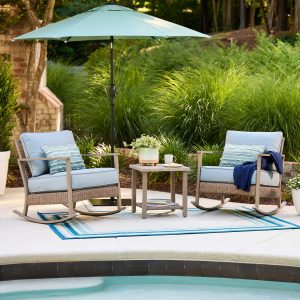 allen + roth Ivy Meadows wicker patio set with two rocking chairs, blue cushions and a small side table