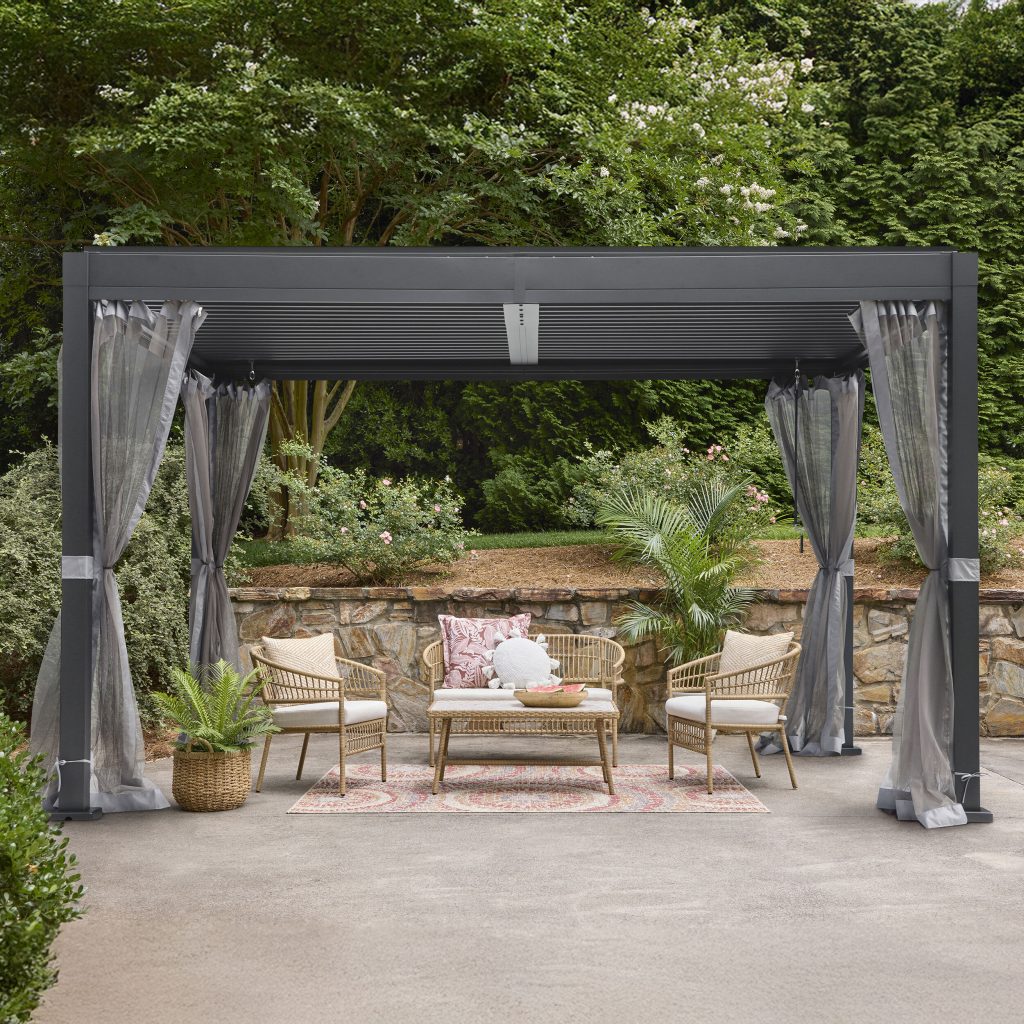 allen + roth louvered pergola, 10 by 12 ft, black metal frame with crank-turned roof louvers