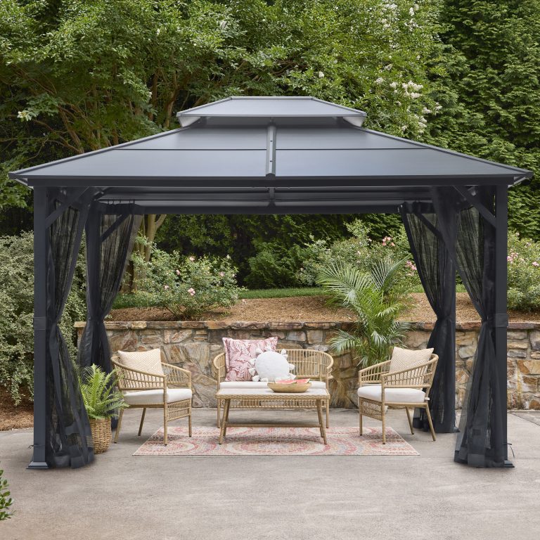 allen + roth 10 by 12 foot black steel gazebo with a hardtop roof and mosquito screens