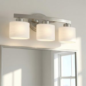 allen + roth Merington three-light vanity light bar in brushed nickel with glass shades