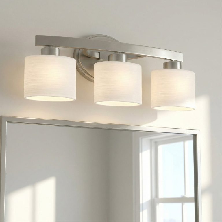 allen + roth Merington three-light vanity light bar in brushed nickel with glass shades