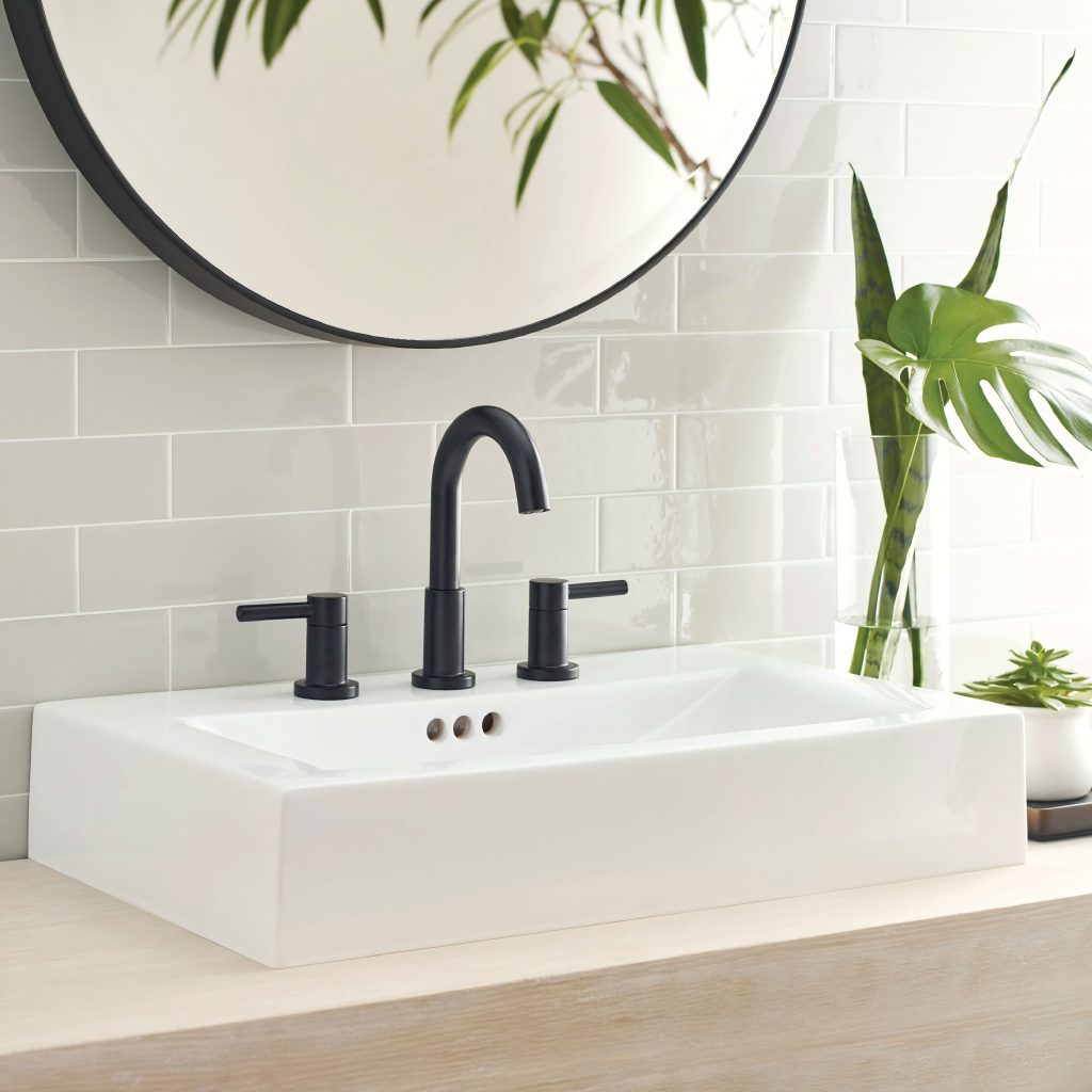 allen + roth Harlow Simplefit two-handle widespread bathroom sink faucet in matte black with a high-arc spout