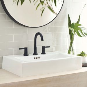 allen + roth Harlow Simplefit two-handle widespread bathroom sink faucet in matte black with a high-arc spout