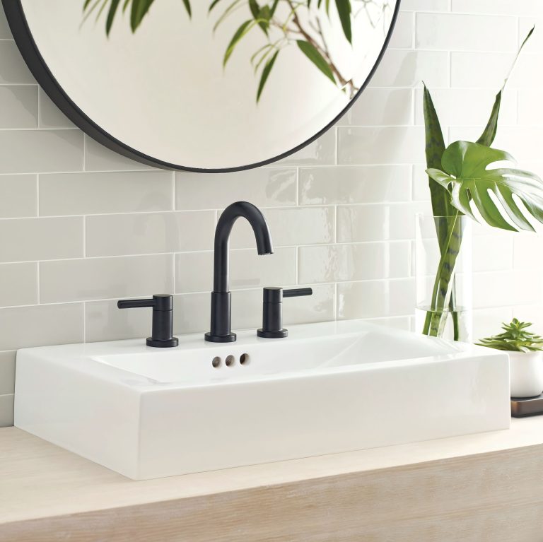 allen + roth Harlow Simplefit two-handle widespread bathroom sink faucet in matte black with a high-arc spout